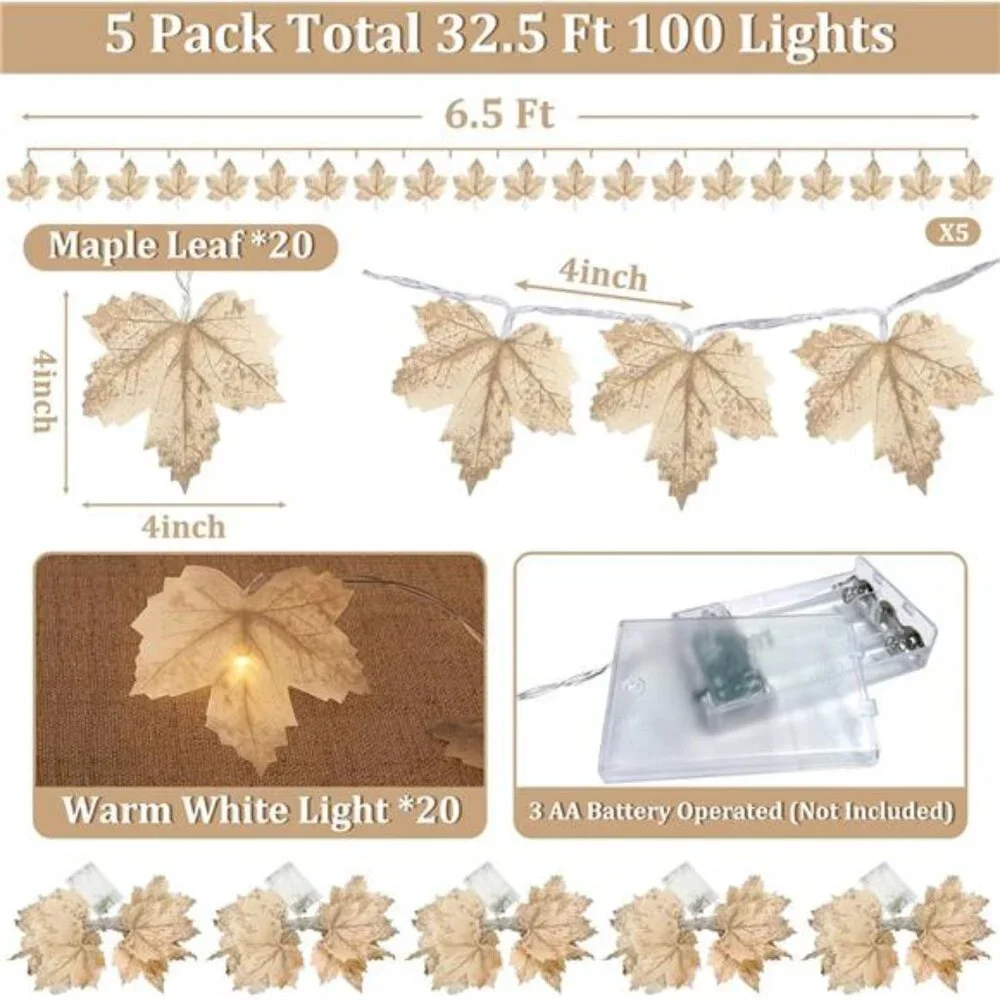 5 Pack Thanksgiving Garland with Lights Maple Leaf String Lights - Total 32.5ft